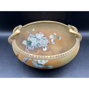 Antique Hand Painted Nippon Bowl Brass Handles Moriage Japan 6.5" Art Nouveau